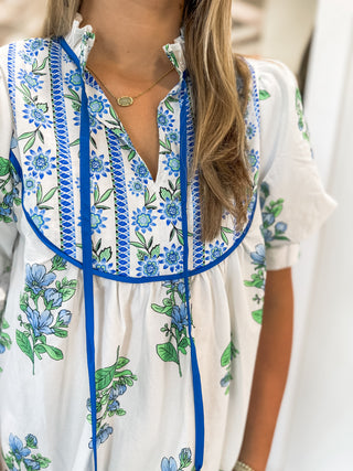 Off White / Blue Tuscan Bloom Blouse