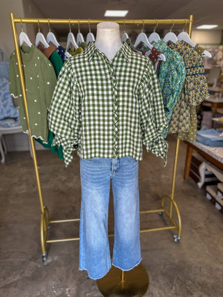 Olive Gingham Picnic Scallop Trim Blouse