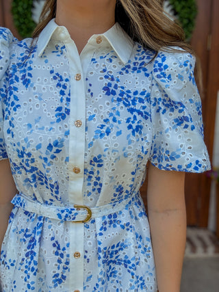 Blue Eyelet Dream Belted Mini Dress