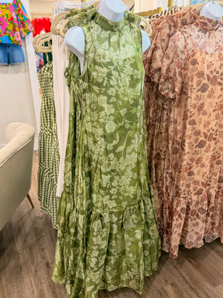 Green Painted Garden Mock Neck Maxi Dress