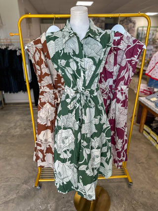 Fern Garden Society Collared Tie Waist Maxi Dress