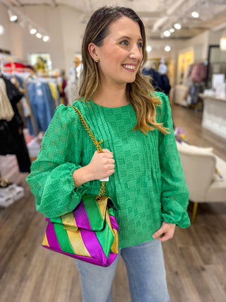 Emerald Green Pintuck Check Textured  Puff Sleeve Blouse