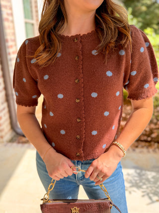 Cocoa & Baby Blue Polka Dot Scalloped Trim Sweater