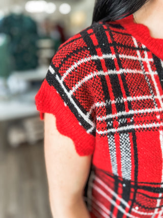 Red Holiday Sparkle Plaid Knit Top