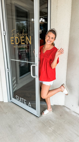 Red Textured Mini V Neck Poplin Top