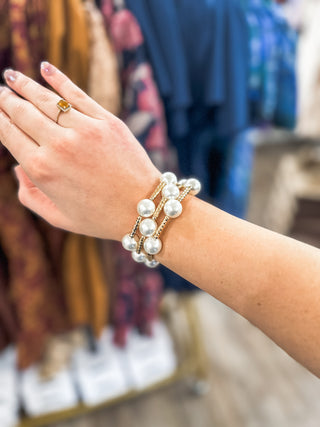 Water Resistant Set of 3 Gold Tube 14MM Pearl Beaded Bracelet Set