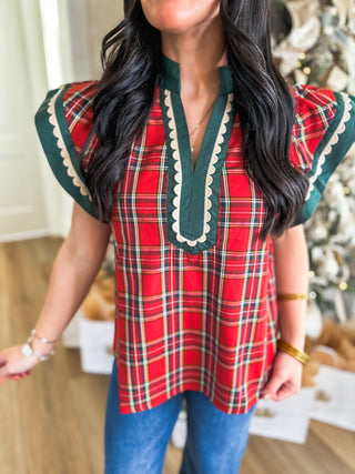 Noel Red & Green Plaid Scallop Trim Top