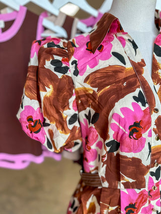 Brown & Pink Painted Petals Pleated Mini Dress