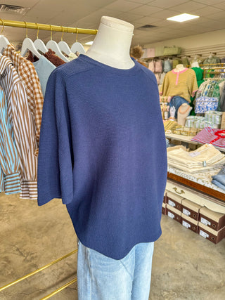 Navy Cloudy Knit 3/4 Sleeve Top