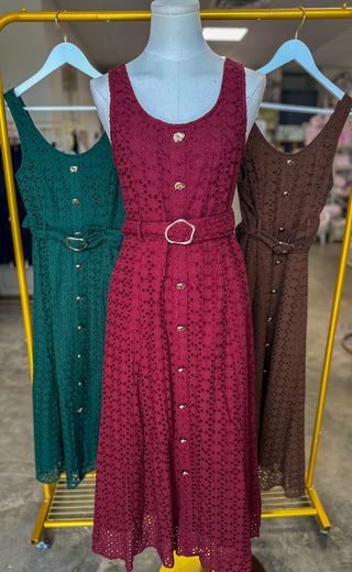 Burgundy Charlotte Eyelet Belted Maxi Dress