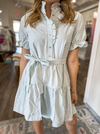 Light Blue Simply Southern Pinstripe Short Sleeve Ruffle Neck Mini Dress