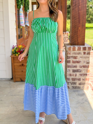 Blue & Green Striped Emerald Cost Maxi Dress