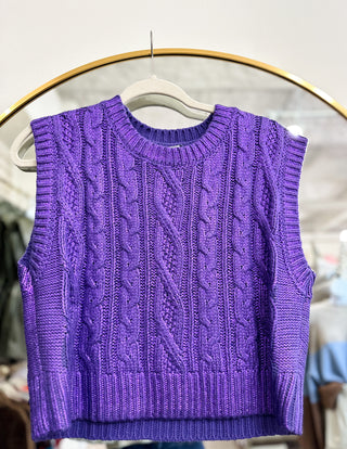 Purple Shimmer Season Sleeveless Cable Knit Cropped Sweater