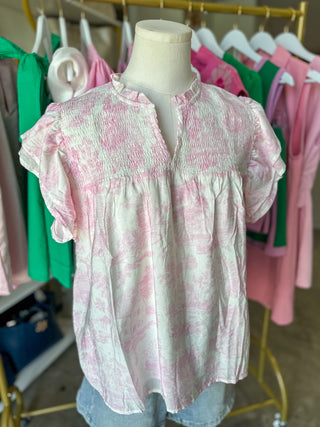 Pink Garden Toile Smocked Top