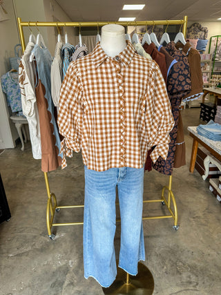 Caramel Gingham Picnic Scallop Trim Blouse