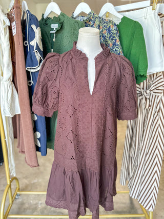 Brown Evelyn Eyelet Mini Dress