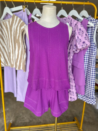 Purple Winning Wonder Contrast Stitch Sleeveless Shorts Set
