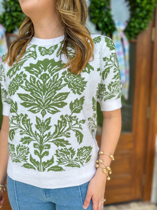 White W/ Olive Green Jacquard Crew Neck Short Sleeve Sweater