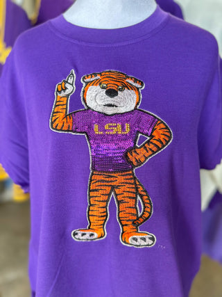 Purple Emily LSU Tiger Mascot Sequin Top