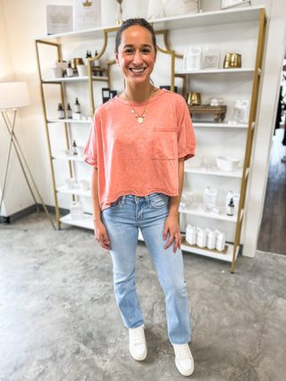 Coral Comfy Acid Washed Relaxed Fit Shoulder Tees