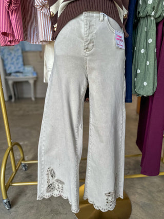 Almond Eyelet Embroidered High Rise Cropped Wide Leg Denim Jeans