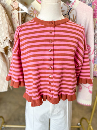 Strawberry & Cocoa Main Street Striped Ruffle Knit Top