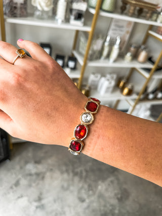 Gold W/ Red & Clear Crystals Stretch Bracelets