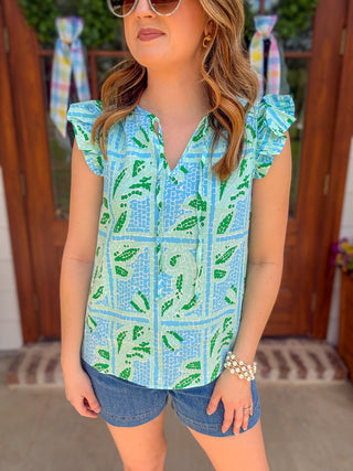 Lydia Trellis Tiles Blue Short Sleeve Top