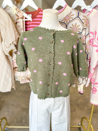 Olive & Pink Polka Dot Scalloped Trim Sweater