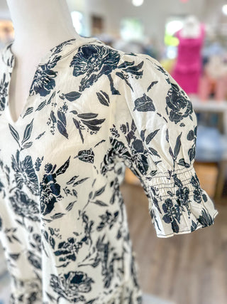 Romantic Roses Black & Off-White Smocked Sleeve Mini Dress
