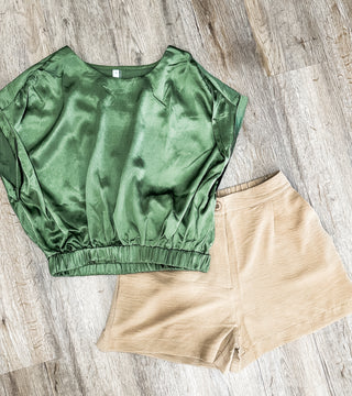 Olive Silky Sway Round Neck Cropped Top