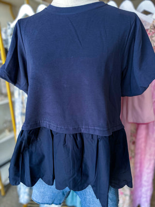 Navy Girly Essential Scalloped Knit Ribbed Top