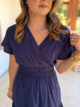 Navy Soft Structure Smocked V-Neck Mini Dress