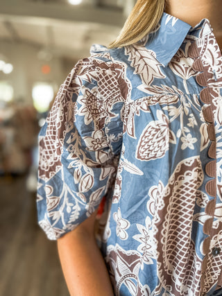 Cocoa Sky Paisley Button Down Scallop Detail Top