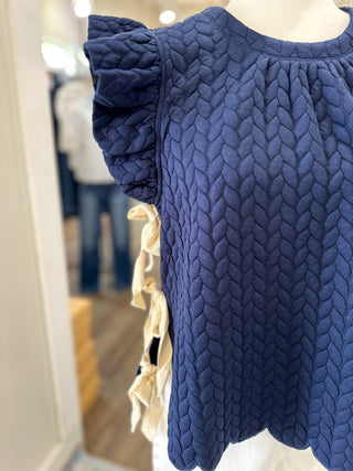 Navy Textured Tie Detailed Knit Top W/ Ruffle Sleeve