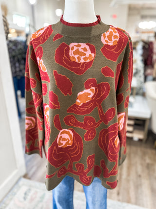 Olive & Red Painted Petals Long Sleeve Sweater
