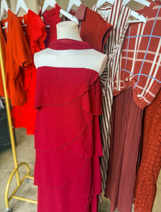 Wine Ruffled Romance Maxi Dress W/ Neck Scarf