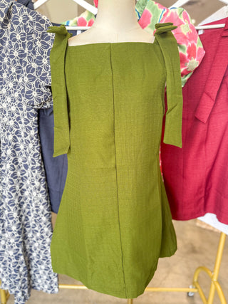 Olive Poised & Polished Straight Neckline Bow Ties Mini Dress