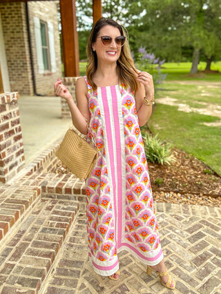 Pink Petal Crush & Stripes Midi Dress