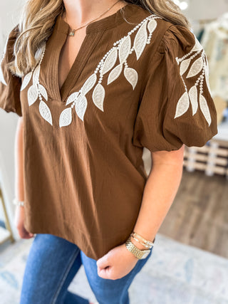 Brown Vine Embroidered Top