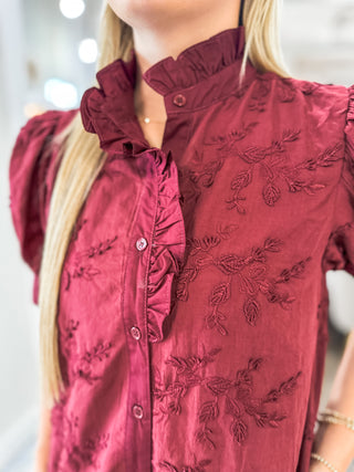 Burgundy Adorned in Ivy Vine Applique Button-down Dress