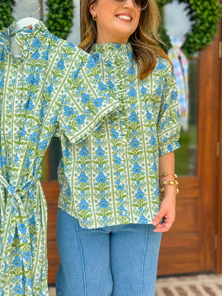 Blue Vintage Vine Ruffle Collar Blouse