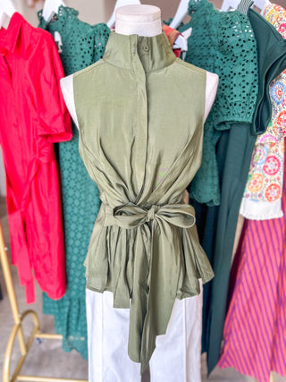Olive Tailored to Simplicity Tie Waist Sleeveless Top
