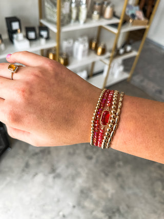 Set of 5 Red Crystal, Pearl, & Gold Stretch Bracelets