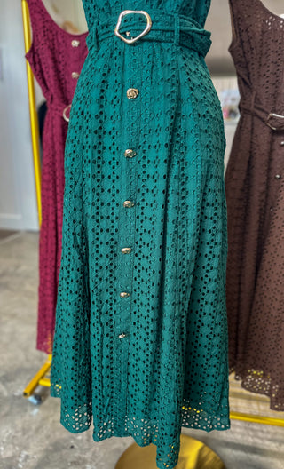 Hunter Green Charlotte Eyelet Belted Maxi Dress