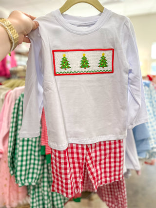 Christmas Tree Smocked Red Gingham Pants Set