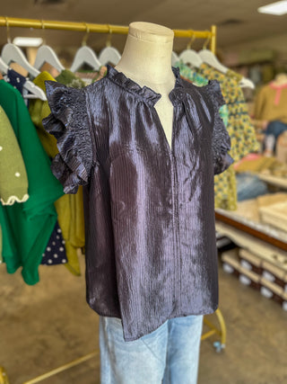 Navy Metallic Woven Flutter Sleeve Top