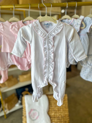 Baby Girl White Ruffle Trim Footie W/ Pink Trim