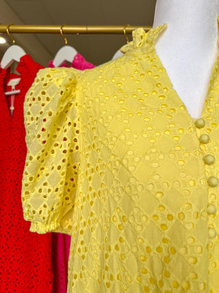 Lemon Yellow Sweet Eyelet Moments Midi Dress