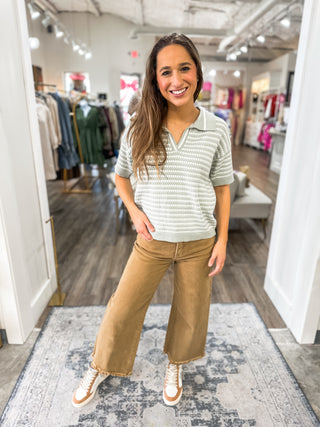 Misty Sage Preppy Perfection Short Sleeve Collared Stripe Sweater Top